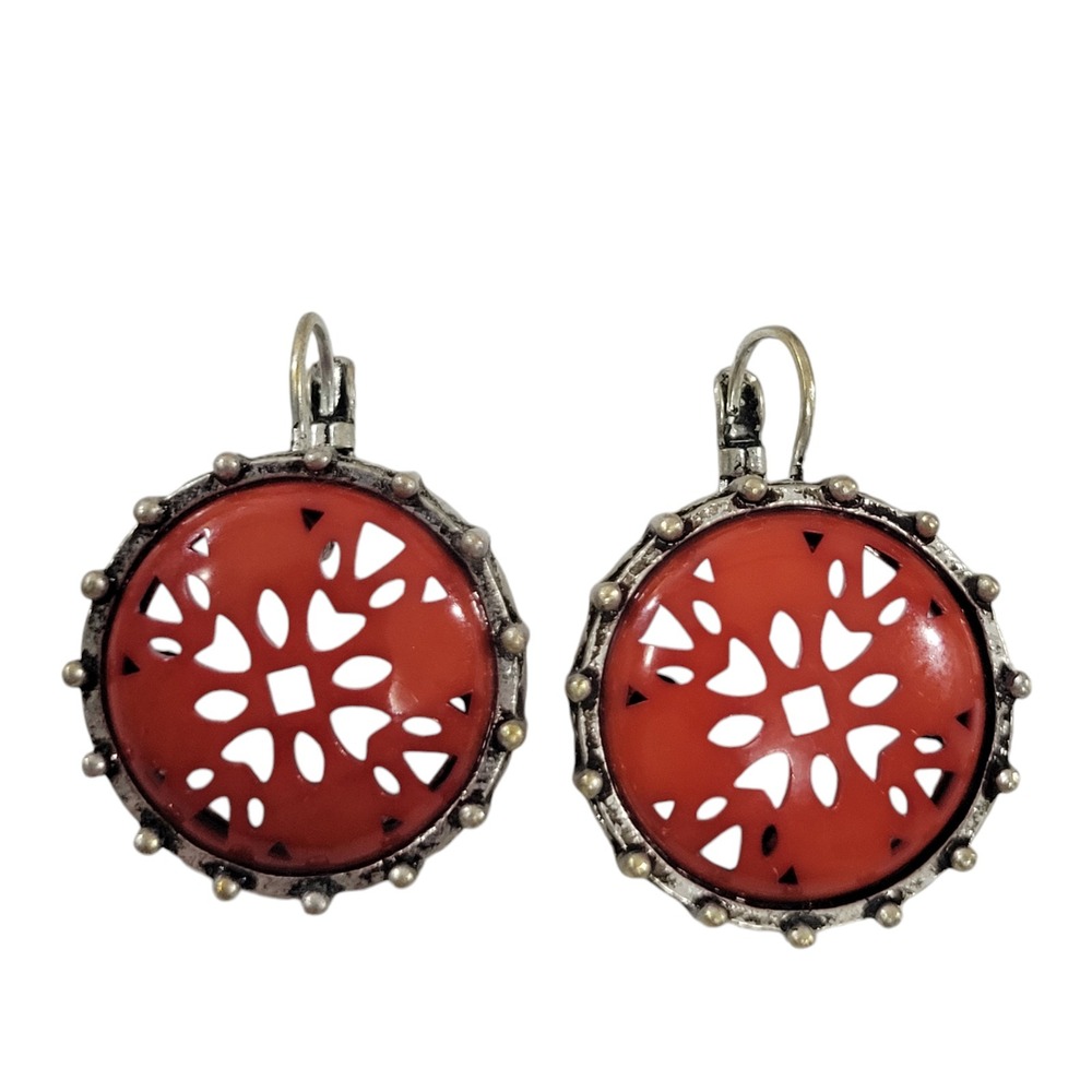 Vintage Red Floral Acrylic Earring Antiqued Silver Tone Leverback Mandala Dangle